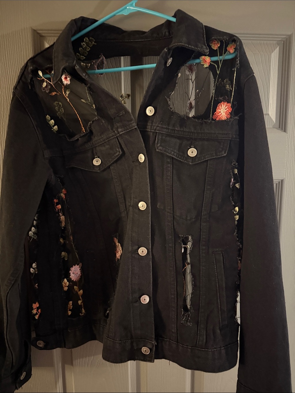 Black Distressed Floral Embroidered Jean Jacket